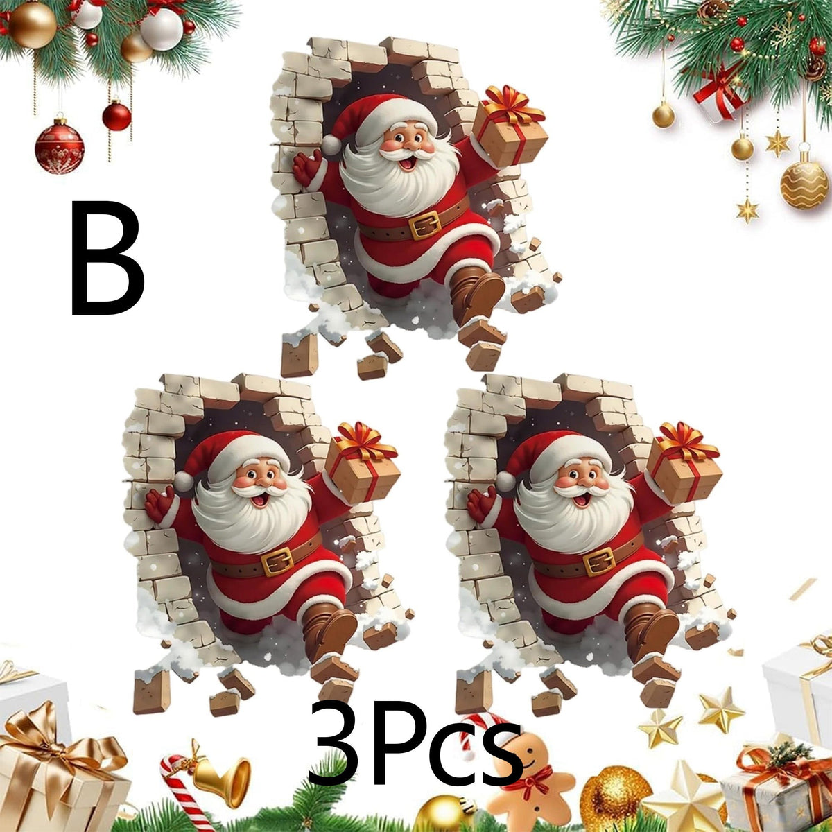 3Pcs Creative Christmas Santa Wall Stickers,Removable 3D Santa Wall Decal