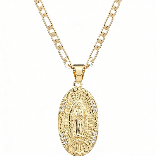 Guadalupe Virgin Mary Oval Zircon Inlay Pendant Necklace for Women Men