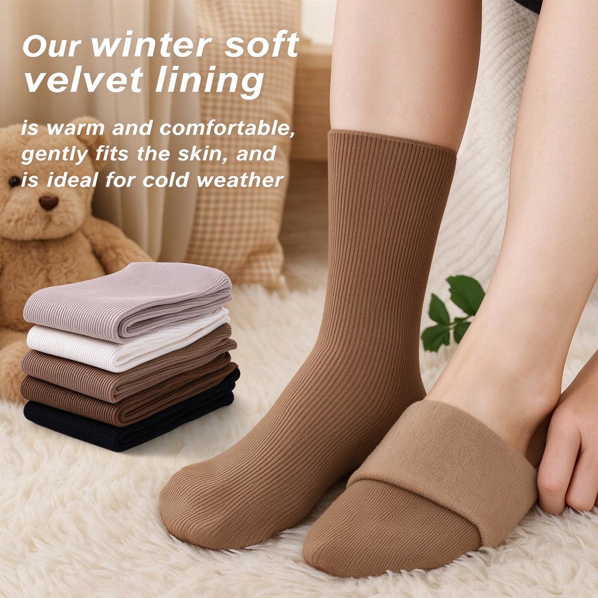 5 Pairs Women’s Ultra-Soft Fleece Thermal Socks- Ribbed Winter Warm Socks, Moisture-Wicking