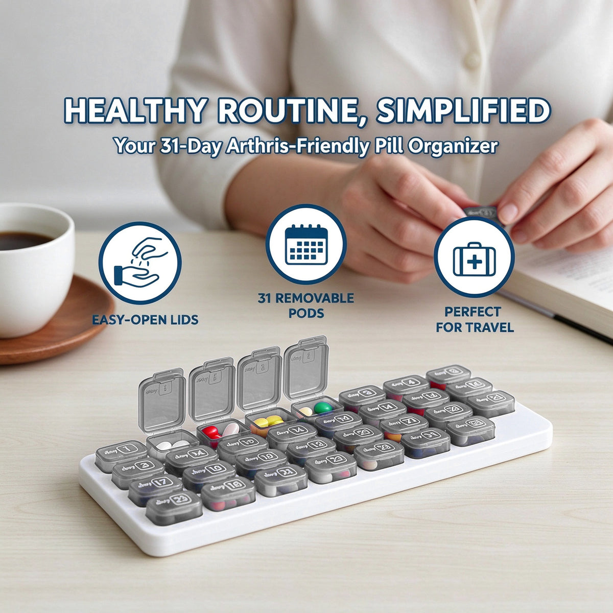 31 Day Monthly Pill Organizer Holder with Removable Medication Pods