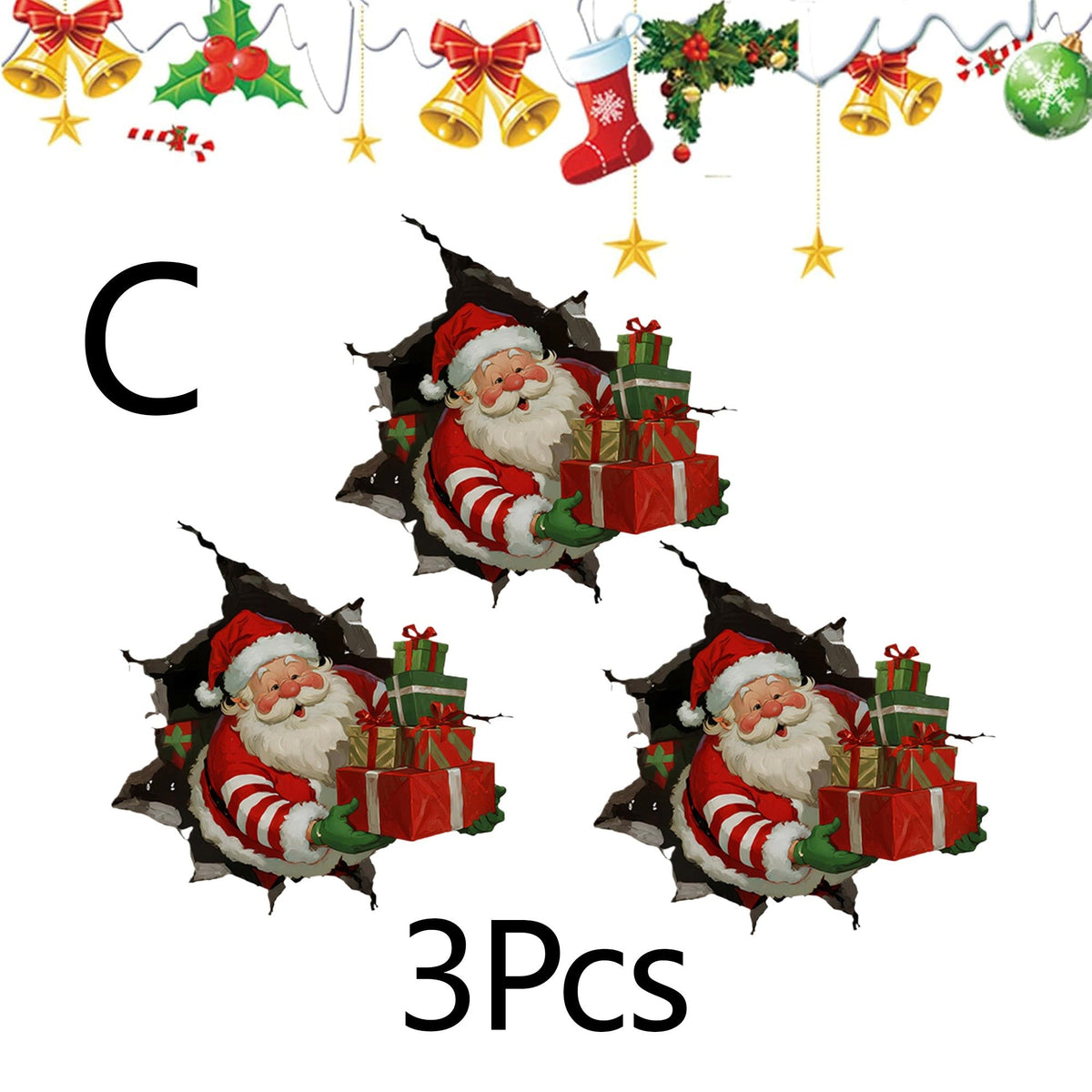 3Pcs Creative Christmas Santa Wall Stickers,Removable 3D Santa Wall Decal