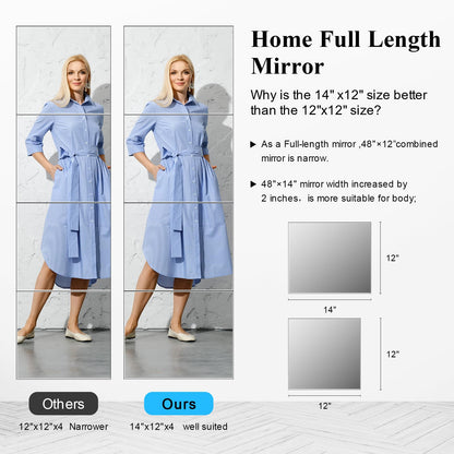 4PCS Glass Full Length Wall Mirror Tiles, Self Adhesive Frameless for Bedroom, Mounted Home Gym, Door