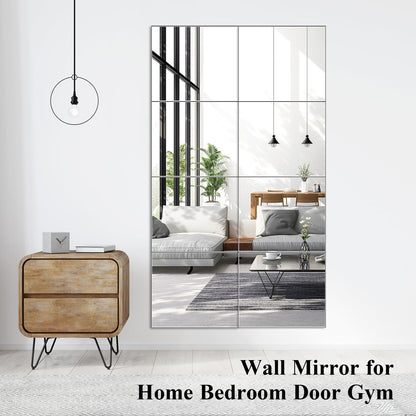 4PCS Glass Full Length Wall Mirror Tiles, Self Adhesive Frameless for Bedroom, Mounted Home Gym, Door