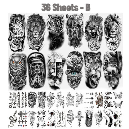 36 Sheets Large Black Arm Temporary Tattoos For Men Forearm Women Thigh