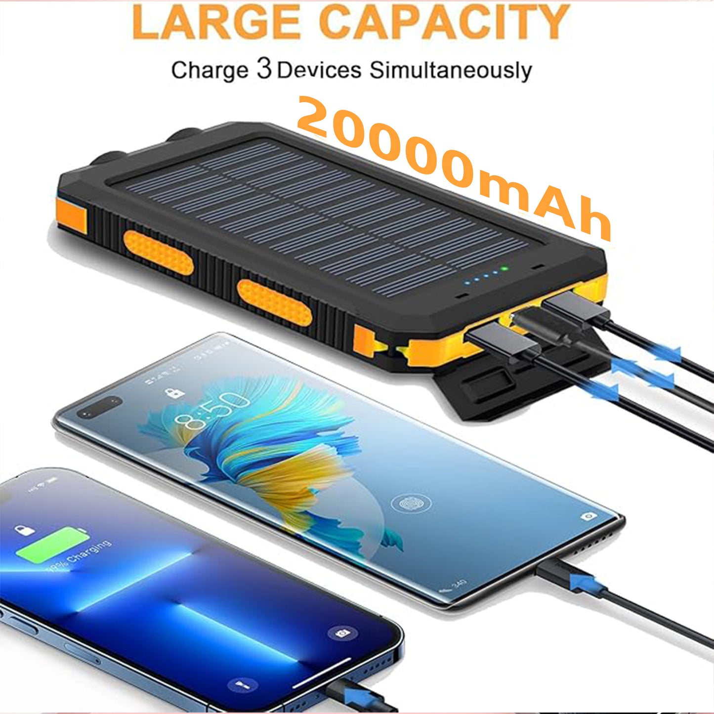 20000mAh  Fast Charging Solar Power Bank with Dual LED Flashlight & Compass