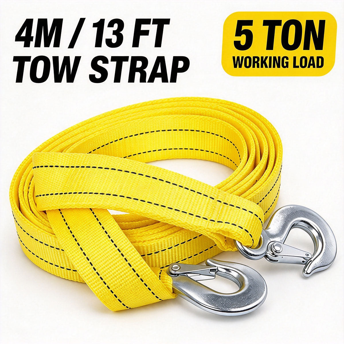 4M (13FT) Heavy Duty Car Tow Strap with Safety Hooks