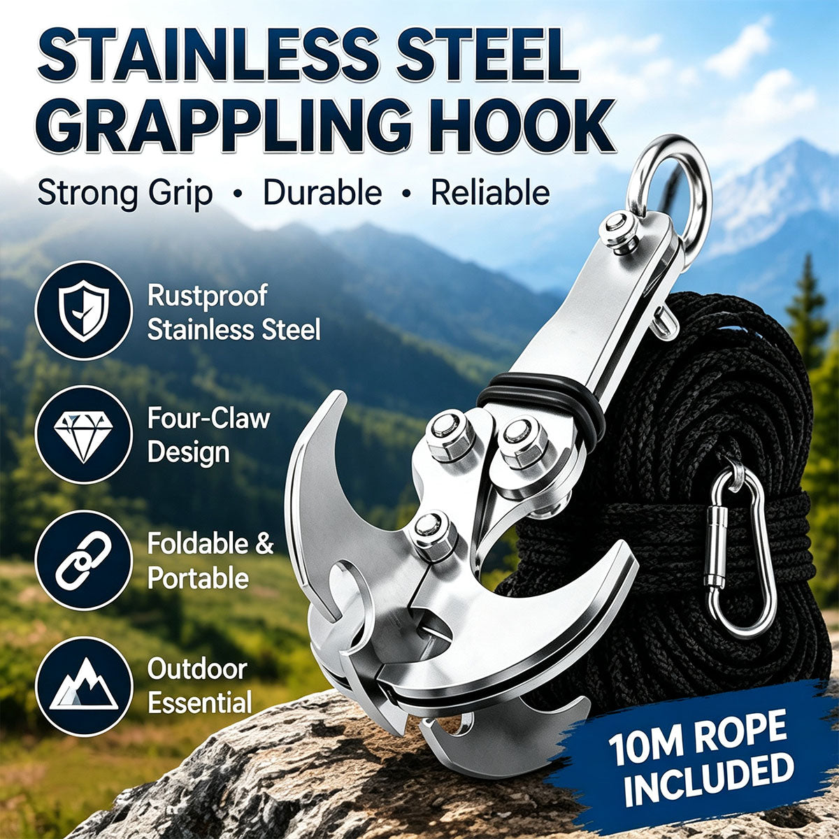 Foldable 4-Claw Climbing Hook for Outdoor Camping, Hiking, Rescue and Survival