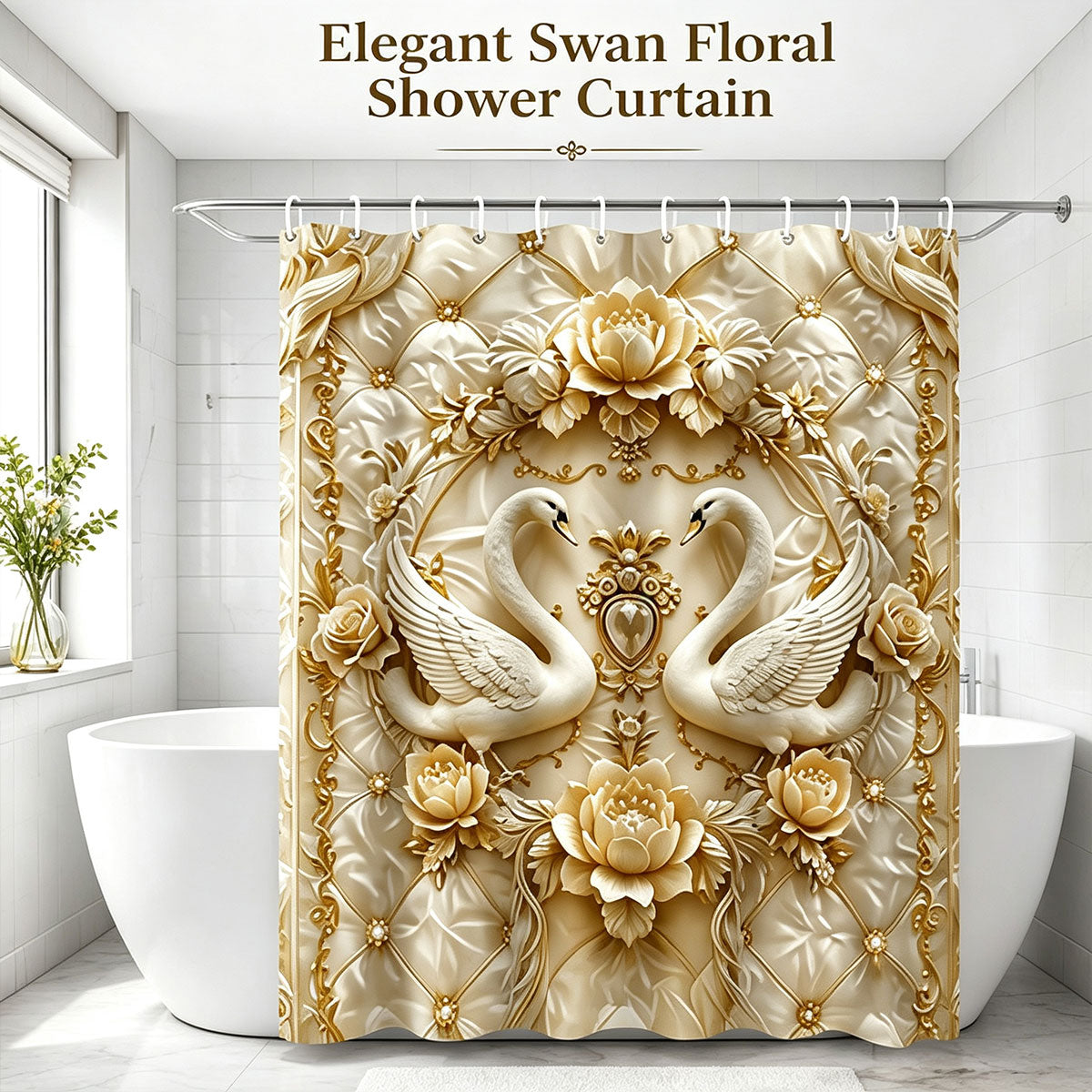 Waterproof Shower Curtain, Floral Swan Bathroom Curtain with 12 Hooks