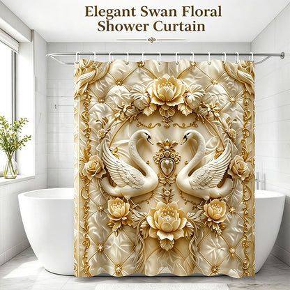 Waterproof Shower Curtain, Floral Swan Bathroom Curtain with 12 Hooks