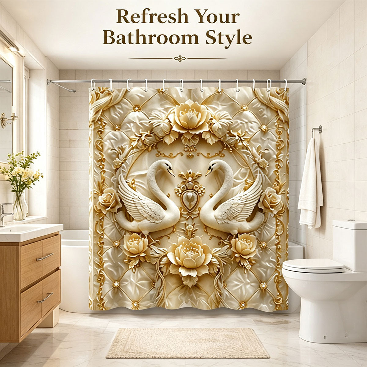 Waterproof Shower Curtain, Floral Swan Bathroom Curtain with 12 Hooks