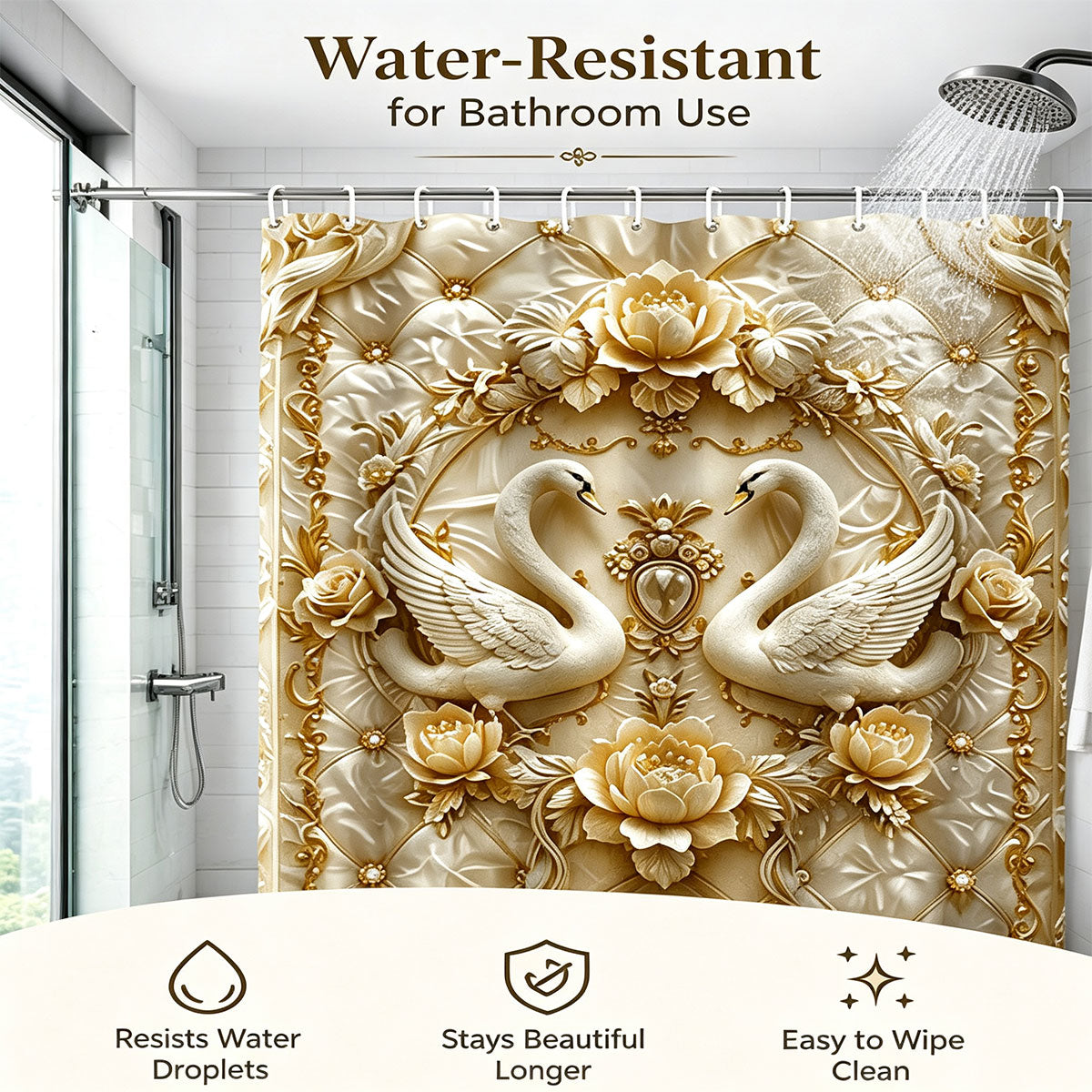 Waterproof Shower Curtain, Floral Swan Bathroom Curtain with 12 Hooks