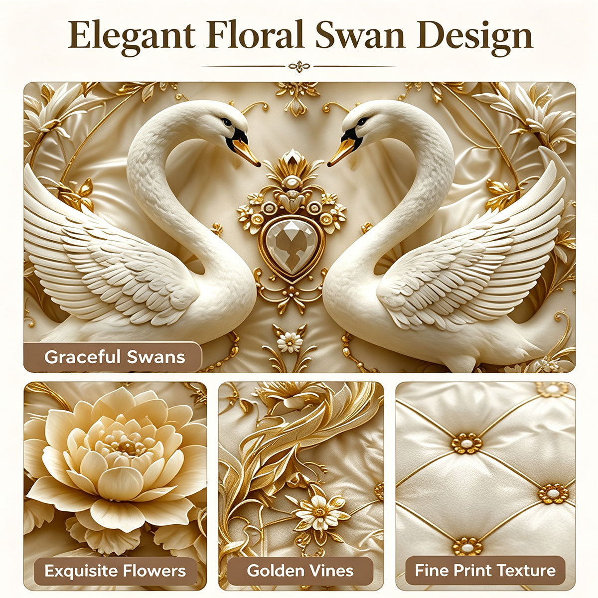 Waterproof Shower Curtain, Floral Swan Bathroom Curtain with 12 Hooks