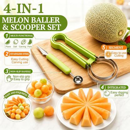 4 in 1 Melon Baller Scoop Set, Stainless Steel, Fruit Cutters Shapes