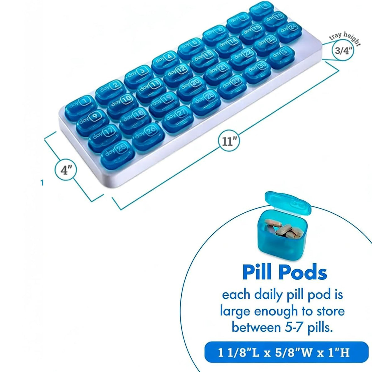 31 Day Monthly Pill Organizer Holder with Removable Medication Pods