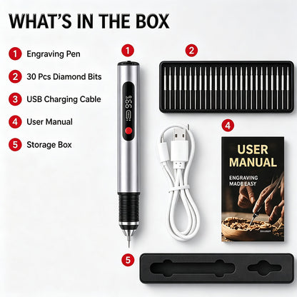Ultimate Cordless Engraving Pen - Engrave 60+ Surfaces - 30 Bits & Mastery Guide