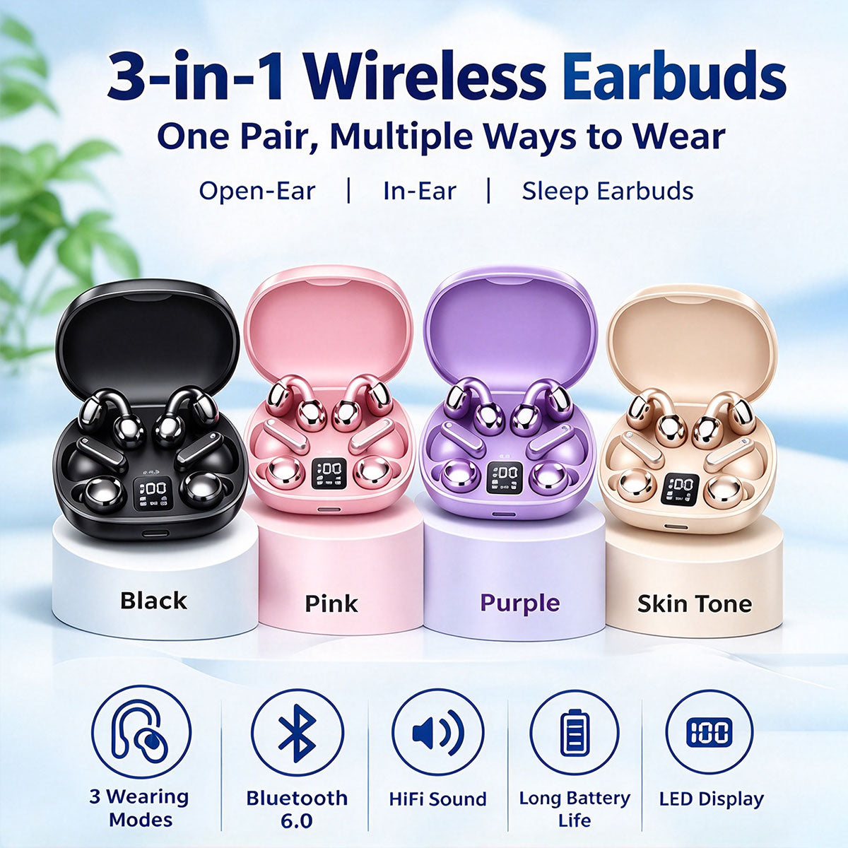 3 In 1 Earbuds with Clip‑On, In‑Ear & Sleep Earphones