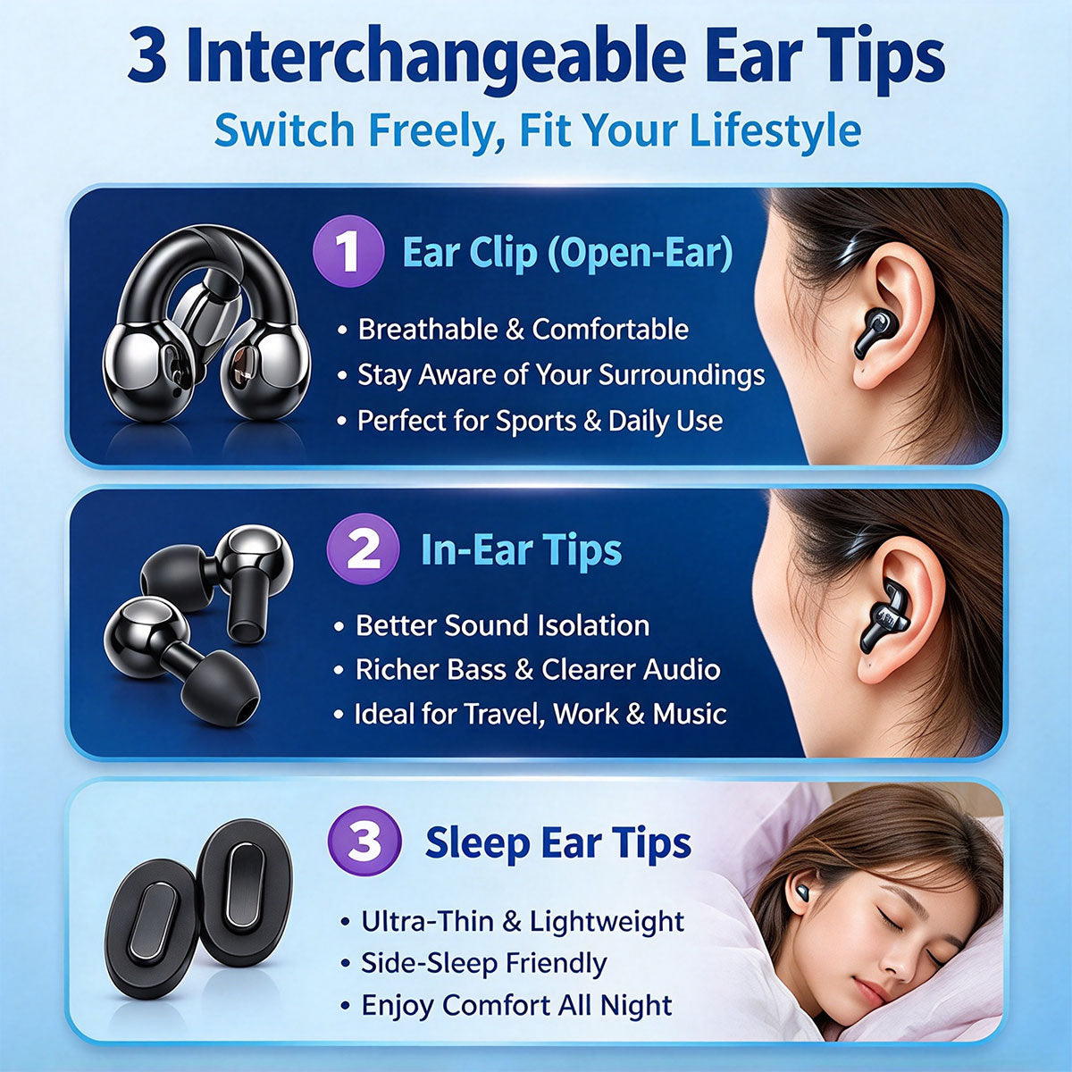 3 In 1 Earbuds with Clip‑On, In‑Ear & Sleep Earphones