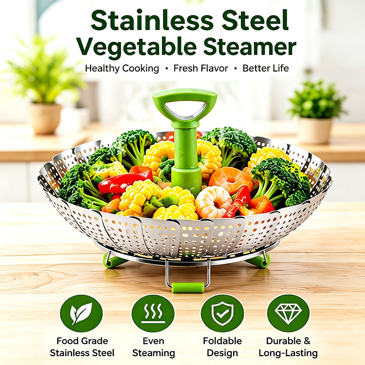 Folding Expandable Steaming Insert with Extendable Handle Fits Various Size Pot