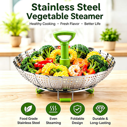 Folding Expandable Steaming Insert with Extendable Handle Fits Various Size Pot