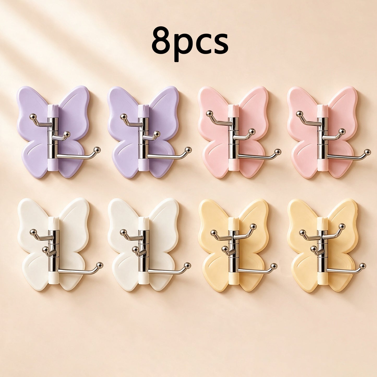 8Pcs Rotating Butterfly Hooks, Strong Adhesive Home Organizer Hooks - No Drilling Required, for Towels, Bags, Hats