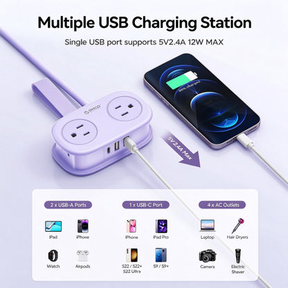 5.3FT Wrapped Extension Flat Plug Power Strip with Multiple Outlets