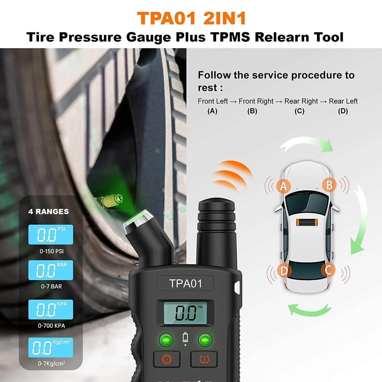 2 in 1 TPMS Relearn Tool Plus Digital Tire Pressure Gauge Reset Sensor For GM
