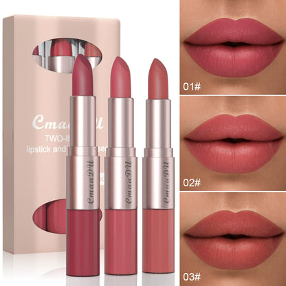 3-Color Long-Lasting Lipstick & Lip Glaze Set – Dual-Ended Design