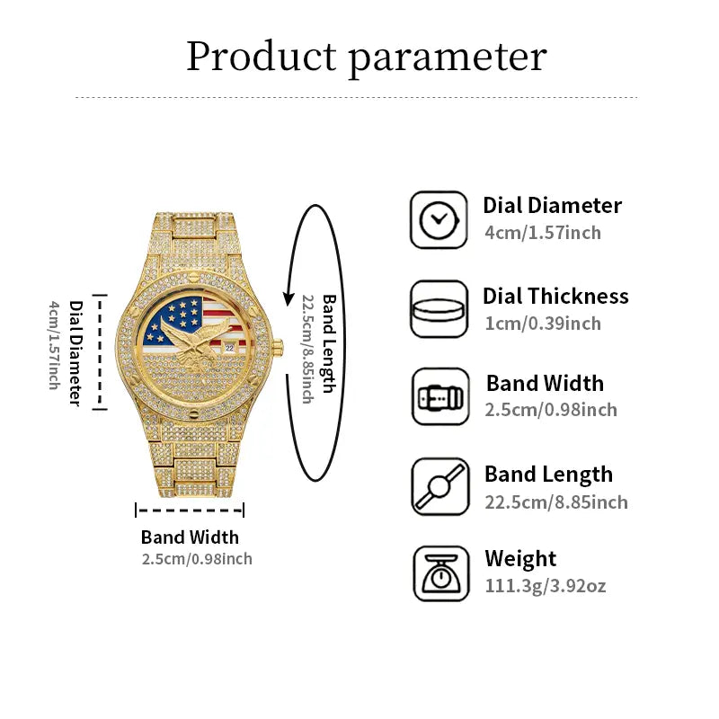 Iced Out Gold US Flag Eagle Watch Diamond Quartz Watch Luxury Wristwatch