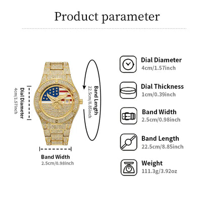 Iced Out Gold US Flag Eagle Watch Diamond Quartz Watch Luxury Wristwatch