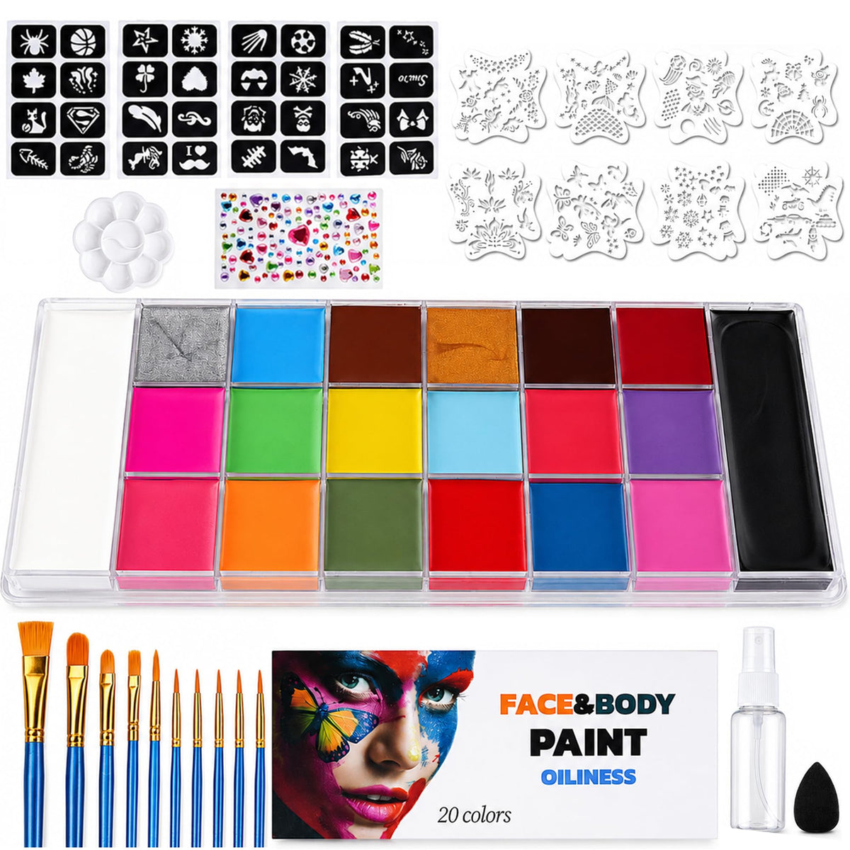 20 Colors Oil-Based Face & Body Paint Set for Adults