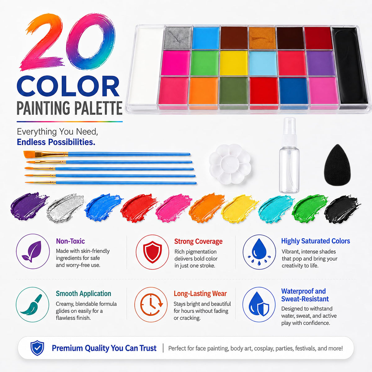 20 Colors Oil-Based Face & Body Paint Set for Adults