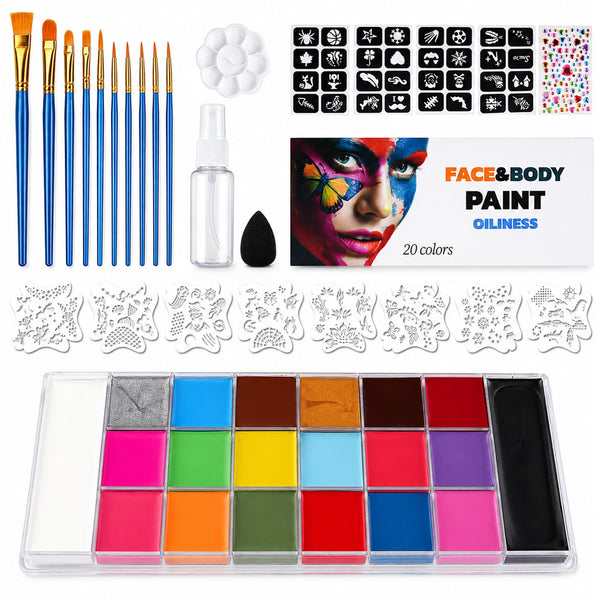 20 Colors Oil-Based Face & Body Paint Set for Adults