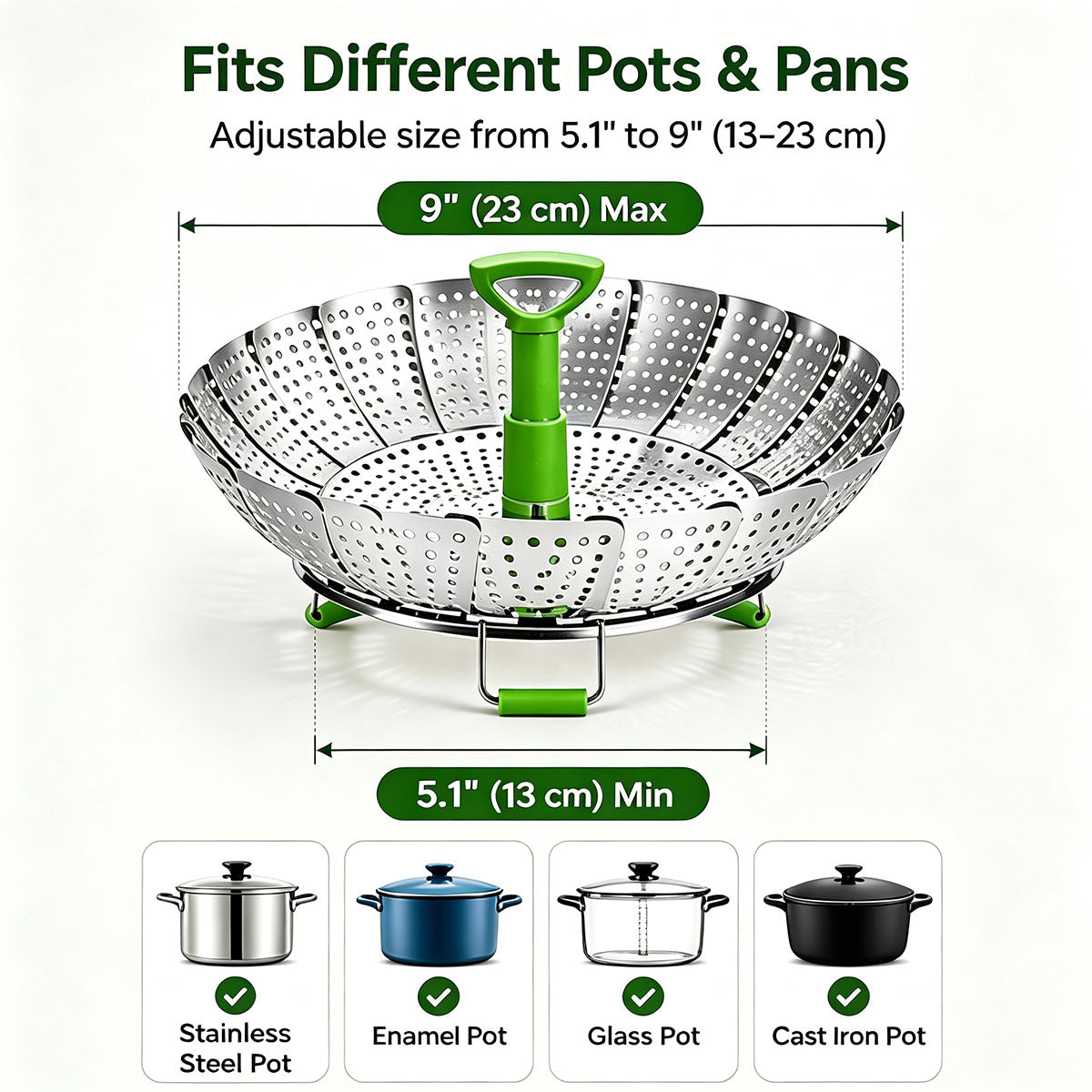 Folding Expandable Steaming Insert with Extendable Handle Fits Various Size Pot