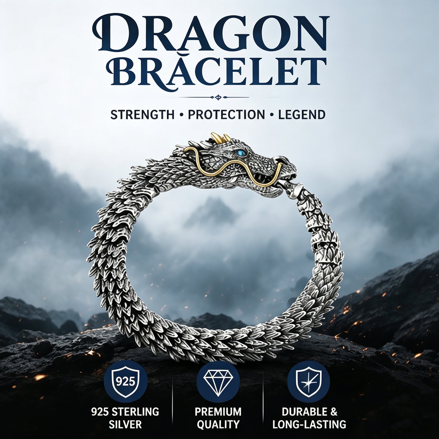 Vintage Dragon Head Sliver Domineering Handmade Bracelet for Men
