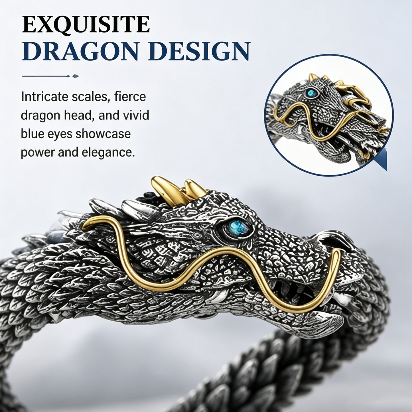 Vintage Dragon Head Sliver Domineering Handmade Bracelet for Men