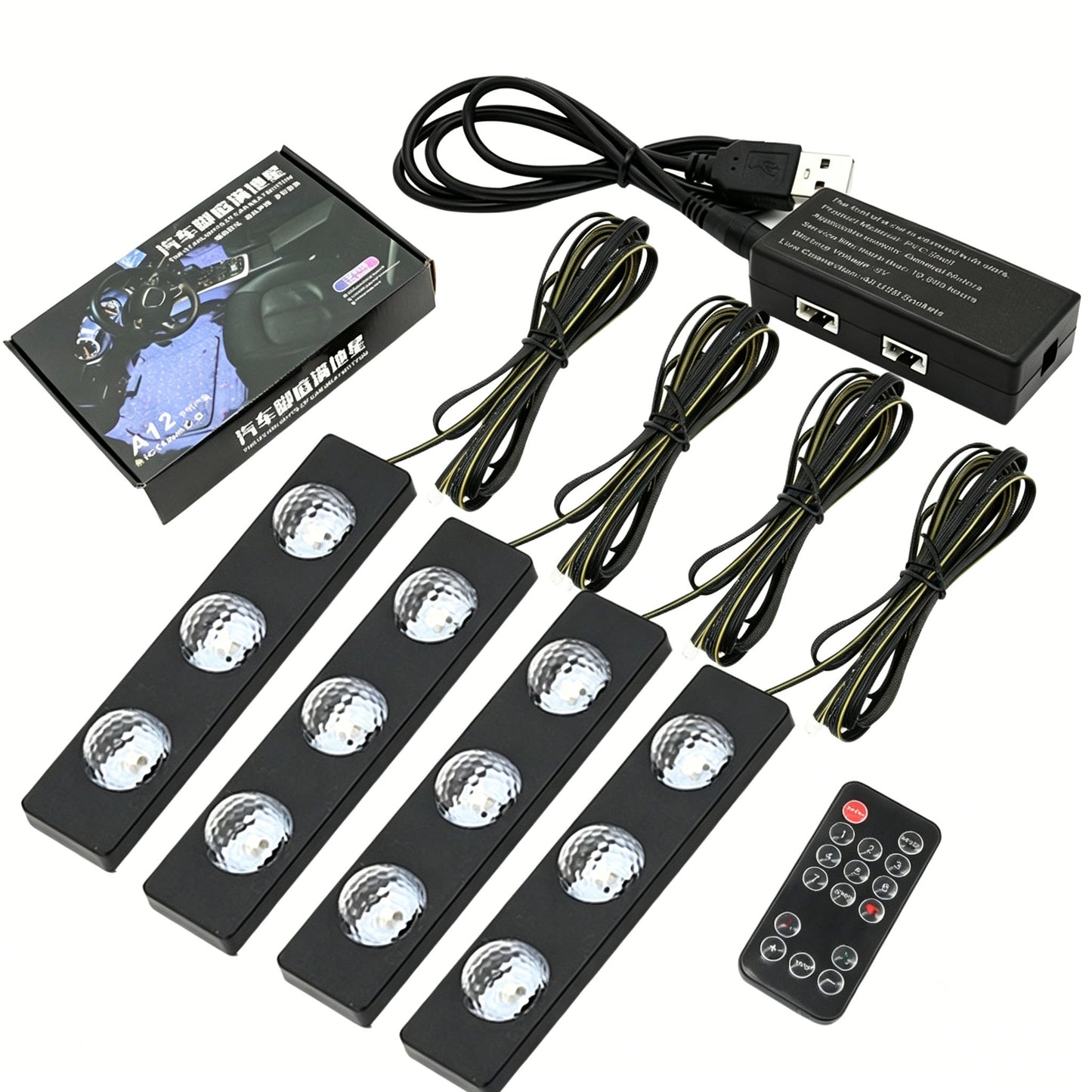 4Pcs Car Atmospheres Lamp LED Interior Foot Stars Light Ambient USB Sound Control