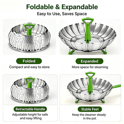 Folding Expandable Steaming Insert with Extendable Handle Fits Various Size Pot
