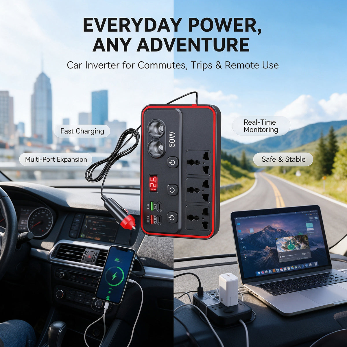 9 in 1 DC 12V/24V to AC 220V 200W Car Inverter Fast Charging 9 Ports Adapter