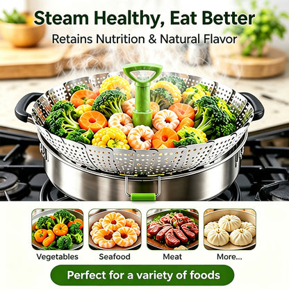 Folding Expandable Steaming Insert with Extendable Handle Fits Various Size Pot