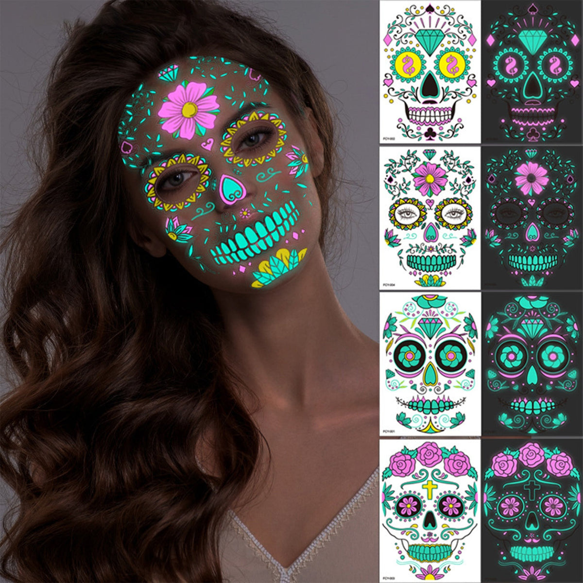 4pcs Halloween Glow Tattoos - UV Reactive Sugar Skull Face Decals