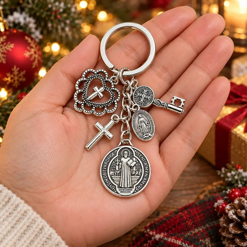 Catholic Religious Charm Key Ring with Cross Pendant , Vintage Saint Benedict Medal Keychain