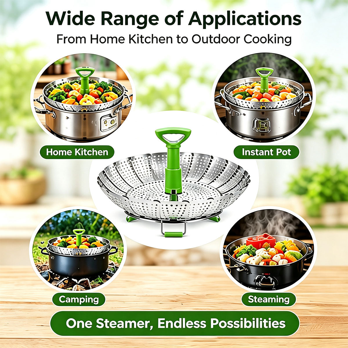 Folding Expandable Steaming Insert with Extendable Handle Fits Various Size Pot