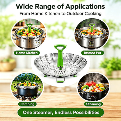 Folding Expandable Steaming Insert with Extendable Handle Fits Various Size Pot