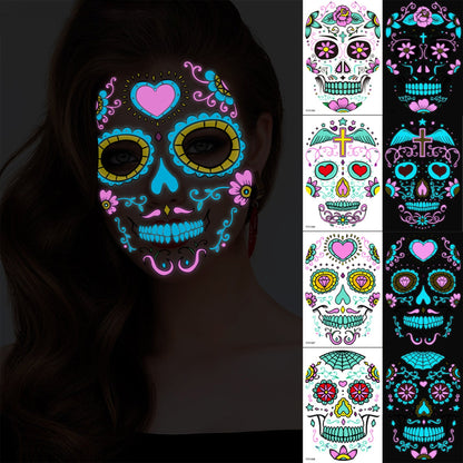 4pcs Halloween Glow Tattoos - UV Reactive Sugar Skull Face Decals