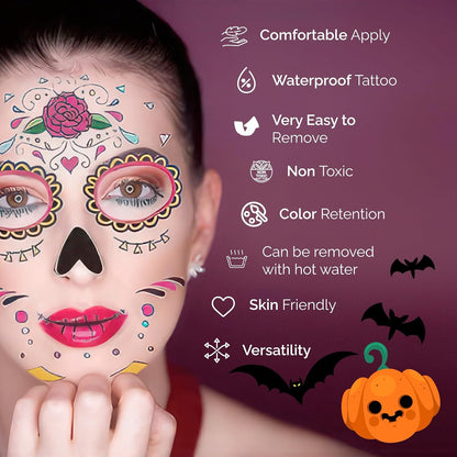 4pcs Halloween Glow Tattoos - UV Reactive Sugar Skull Face Decals