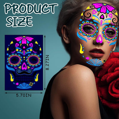 4pcs Halloween Glow Tattoos - UV Reactive Sugar Skull Face Decals