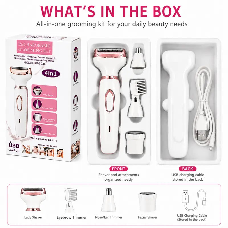 4-in-1 Comfortable Pink Electric Shaver for Women