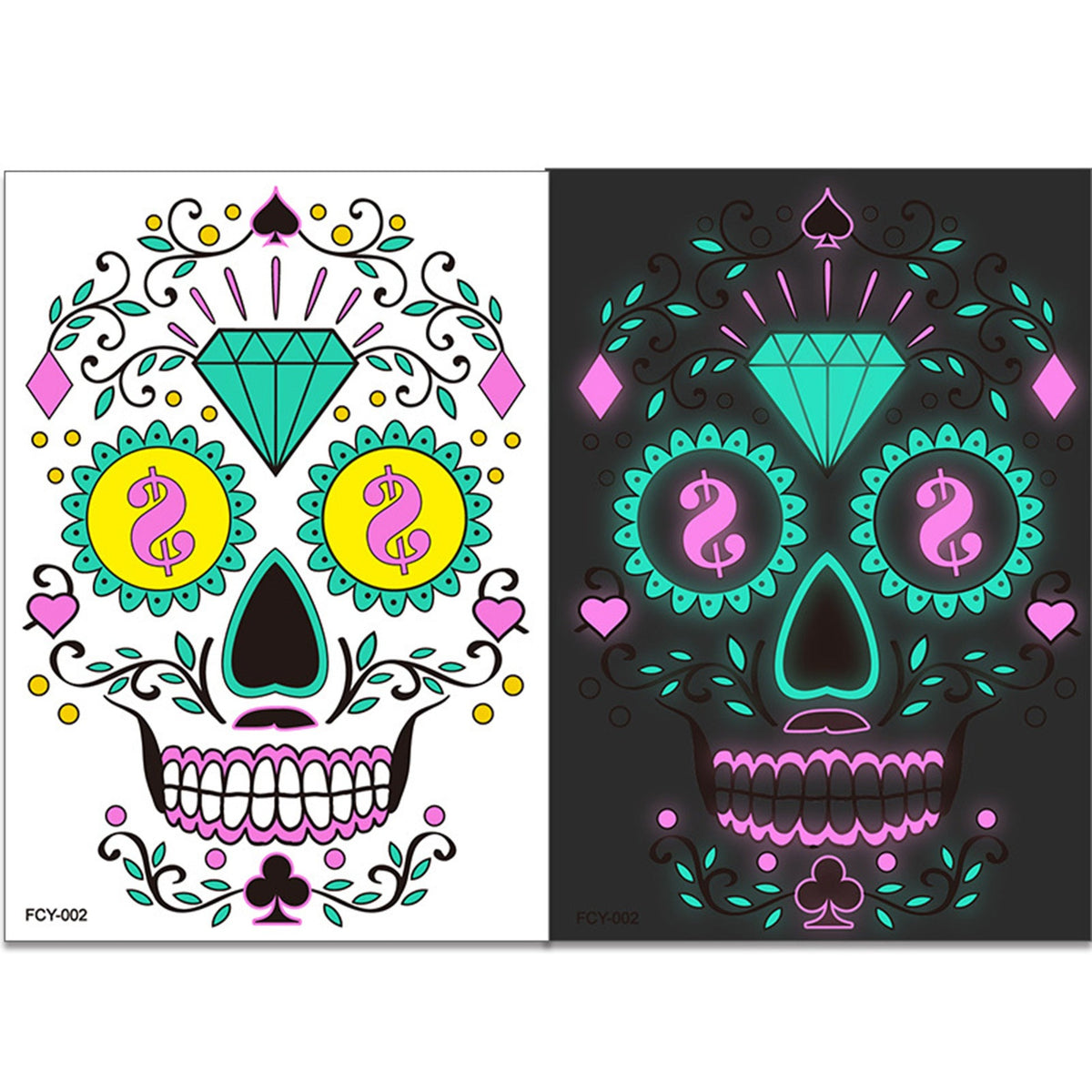 4pcs Halloween Glow Tattoos - UV Reactive Sugar Skull Face Decals
