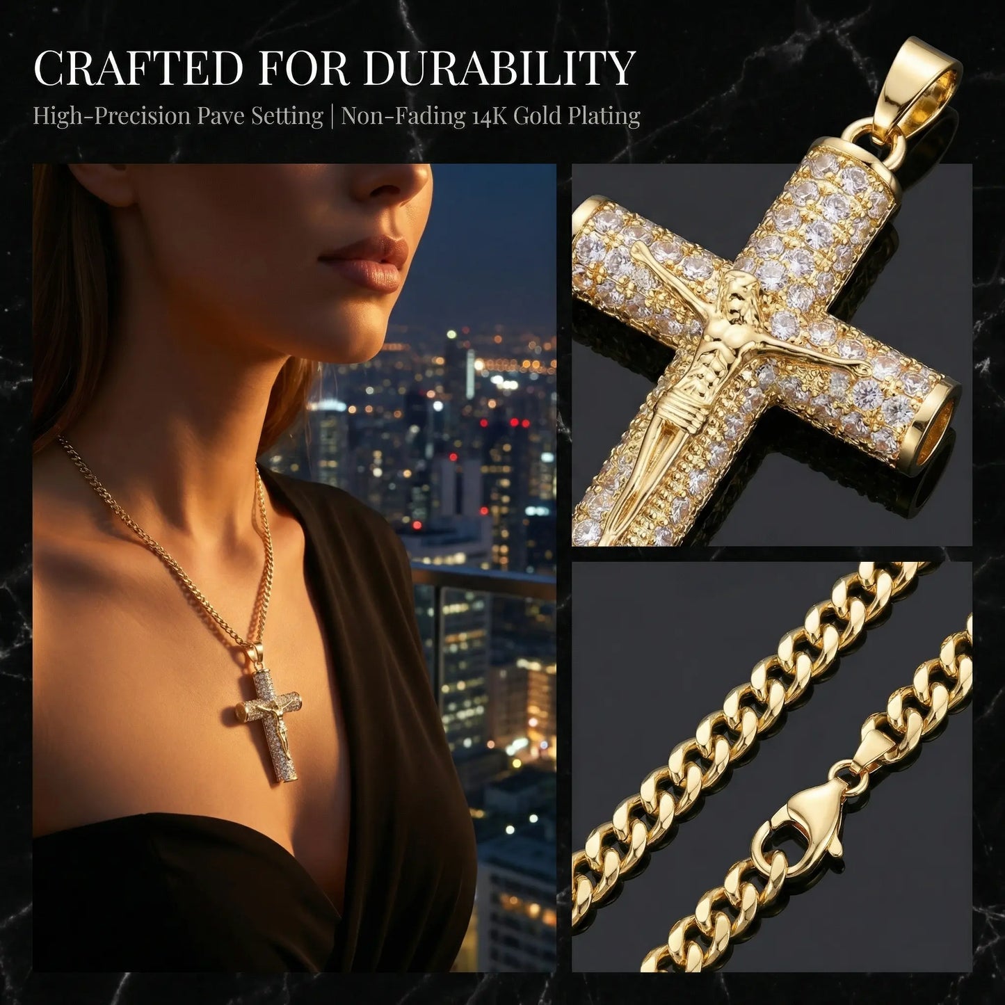 Gold-plated Cuban Figaro Chain with Jesus Christ Crucifix