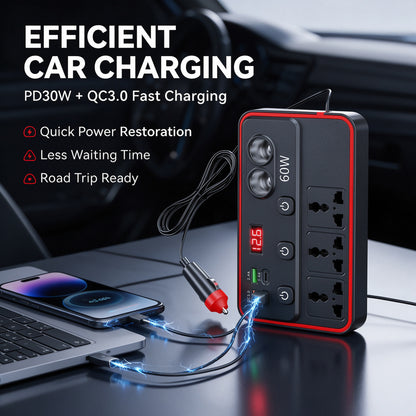 9 in 1 DC 12V/24V to AC 220V 200W Car Inverter Fast Charging 9 Ports Adapter